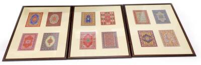 A collection of woven miniature carpets, each depicting a different Persian or Indian design, mounted onto boards and framed, 29cm x 19cm each (12 in total).