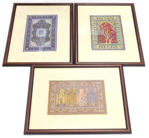 A set of three miniature machine woven carpets, each depicting different designs for Persian rugs or carpets, with tasseled ends, glazed and framed, 24cm x 37cm.