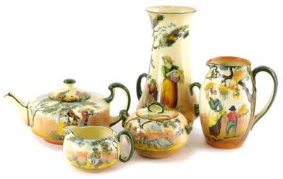 A Royal Doulton Old English Scenes series ware teapot, and other matching items (AF).