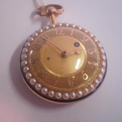 An enamelled and seed pearl decorated pocket watch