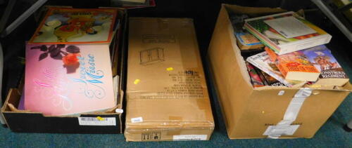 Various LP records, to include The Kinks, books, to include Terry Pratchet, Harry Potter, a white double door cabinet, boxed, unassembled, etc. (contents of under 1 table)