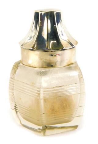 A glass and silver mounted scent bottle, with conical lid, marks indistinct, 10cm high.