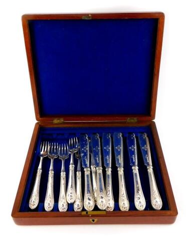 A silver plated canteen of fish knives and forks, in an associated mahogany case.