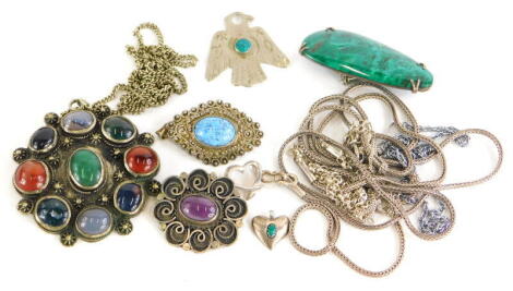 A group of silver and other costume jewellery, to include a turquoise pendant, on silver plated frame, a silver heart pendant, an Israeli amethyst set brooch, an eagle pendant set with turquoise, a silver heart pendant set with turquoise, silver and silve