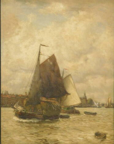 Robert Bagge-Scott (1849-1925). Hay Barge going about Dordrecht, oil on canvas, signed and titled verso, 54cm x 41cm.