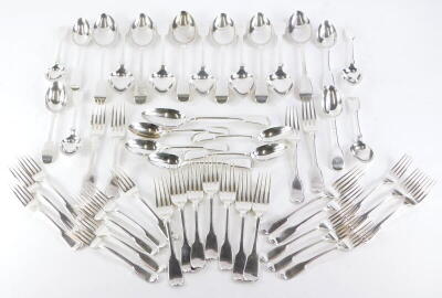 An associated set of early 19thC silver fiddle pattern cutlery, a set of twelve dessert forks, London 1836, maker J H over AH and three associated dessert forks by Joseph and Albert Savory, (15) a set of twelve table forks, London 1834, maker J H over AH,