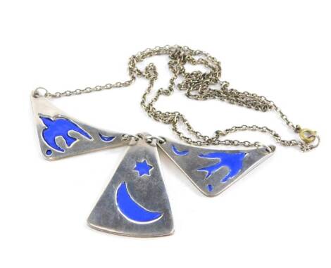 A silver and enamel necklace, with design of doves and crescent moon and star, with maker's stamp GES, on necklace stand, 37.4g all in.