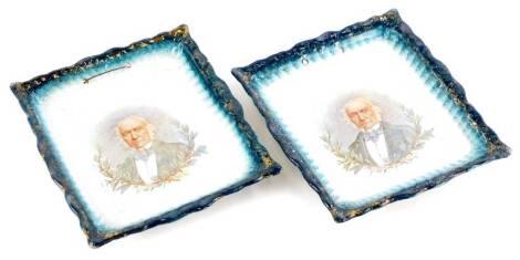 A pair of 19thC Staffordshire pottery commemorative plaques, each printed with a portrait of William Gladstone, turquoise border, 22cm x 19.5cm.