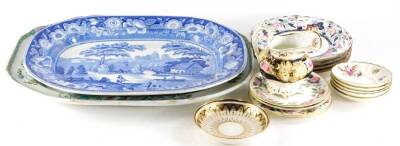 A collection of 19thC and later ceramics, to include a J Meir and Son Wild Rose pattern blue printed meat dish, a set of four 19thC Spode plates, etc.