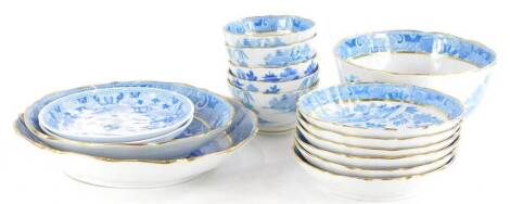 A quantity of 19thC English porcelain Willow pattern items, to include five tea bowls, saucers, plates, etc., unmarked.