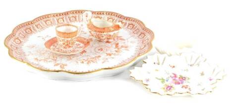 A Spode Copeland porcelain cabaret tray, with a shaped border printed in red with flowers, a matching cup saucer and a milk jug, a Dresden dish decorated with flowers, etc., the tray 39cm diameter.