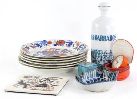 A collection of ceramics, to include a set of six ironstone type plates, decorated in Imari colours, a Chinese fish shaped dish, 1960s plaque, a Swiza clock, etc.