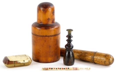 A collection of items, to include a treen dressing table jar, the screw top lid enclosing a scent bottle and stopper, a turned wooden bodkin case, a 19thC pawn snuff box, a turned wooden stamp and a bone lace makers bobbin. (5)