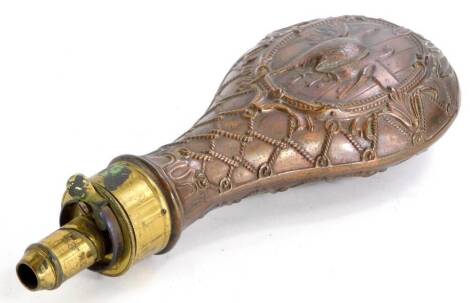 A pressed copper shot flask, decorated with game birds, the brass mount stamped DRAMS and also stamped G and JW Hawksley, 21cm long.