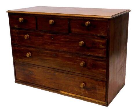 A Victorian mahogany chest of drawers, the top with a moulded edge above three short and three long drawers, with later turned handles, (AF), 83cm high, 117cm wide, 54cm deep.