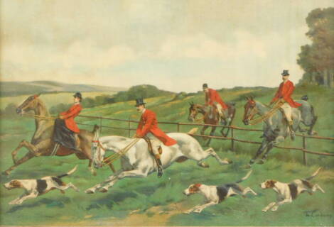 After De Condanry. Hunting scene print, 30cm x 42cm, various other hunting prints after Alden Brighton, etc. (4)