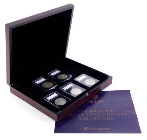 An East India Company original silver Trade Dollar collection, containing British, United States, Chinese, Japanese and French Dollars, each 26.95g of .900 standard silver, in fitted case with paperwork.