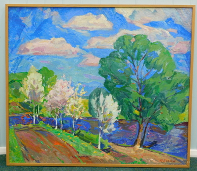 Mikhail Aleksanrovick Kokin (1921-2009). Autumn, oil on canvas, signed, titled and dated (19)65 verso, 86cm x 99cm. - 2