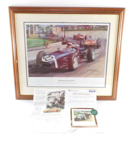 After Michael Turner. 1961 Monaco Grand Prix, limited edition colour print 86/4500, signed in pencil by artist and Sir Sterling Moss, plate size 35.5cm x 50cm, framed.