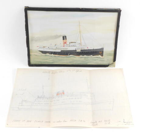 A pencil sketch of the New IOMSP Vessel, Isle of Man, on order from Aylesa SP Company., together with a watercolour by Sandham of the Manx Maid, ex Caesarea., signed., verso details, 17.5cm high, 27.5cm wide. (frame AF). (2)