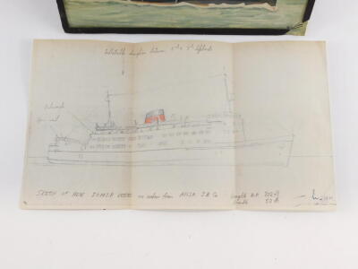 A pencil sketch of the New IOMSP Vessel, Isle of Man, on order from Aylesa SP Company., together with a watercolour by Sandham of the Manx Maid, ex Caesarea., signed., verso details, 17.5cm high, 27.5cm wide. (frame AF). (2) - 2