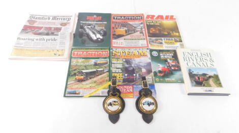 Two horse brasses bearing vintage car plaques for an Aston Martin 1930 and a Bugatti 1928, by James Jones Saddler, together with BRM Day Bourne 2012 Souvenir programme., Traction and Railway magazines., Shuttleworth & Nuffield Memorial Trophies 2009 Offi