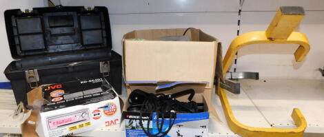 Assorted car and bike parts, a bike lift, JVC CD receiver, etc. (a quantity)