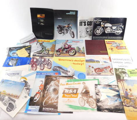 Motorcycle brochures and engine leaflets, including Royal Enfield, Triumph, BSA, and the Motorcycle Buyer's Guide 1957. (a quantity)