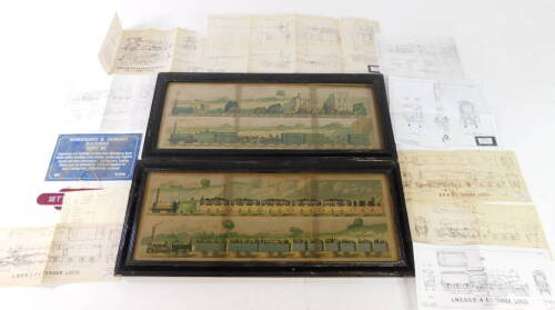 A pair of 19thC prints, Travelling on The Liverpool and Manchester Railway 1831, plates I-IV., a Train of The First Class of Carriage with the Mail., a Train of The Second Class Outside Passangers with three Third Class Carriages behind., a Train of Wagon