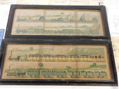 A pair of 19thC prints, Travelling on The Liverpool and Manchester Railway 1831, plates I-IV., a Train of The First Class of Carriage with the Mail., a Train of The Second Class Outside Passangers with three Third Class Carriages behind., a Train of Wagon - 2