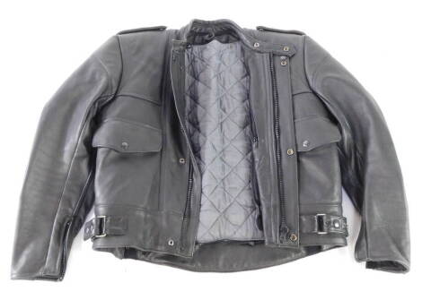 A heavy black leather motorcycle jacket, with fleece liner.