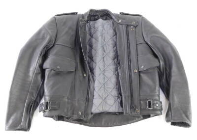 A heavy black leather motorcycle jacket, with fleece liner.