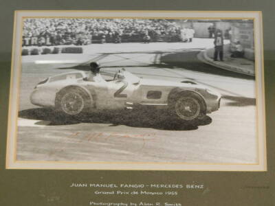 A Jarrott's Motor Racing photograph, of Juan Manuel Fangio, in a Mercedes Benz, Grand Prix de Monaco 1955, signed by Fangio, with certificate, 13.5cm high, 22cm wide.., and a further photograph of Fangio in an Alfa Romeo, Grosser Preis der Schweiz, Brenga - 4