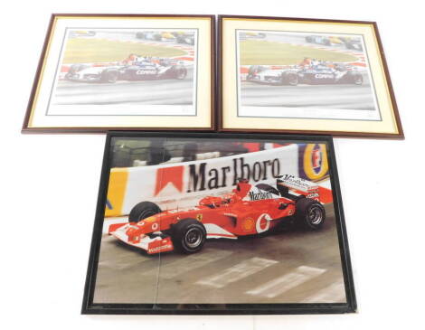 After Robert Tomlin. Clash of The Titans, two artist signed limited edition prints, no 31/500 and 33/500, together with a further racing print. (3)