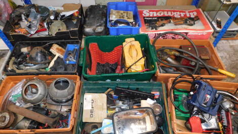 Assorted car and engine parts, tools, battery charger, snow grips, etc. (a quantity)