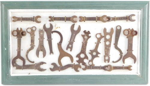 Motorcycle and automobile spanners, for BSA, Regent, Austin, framed, together with hand tools.