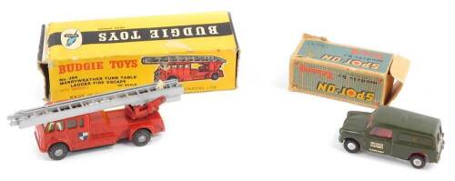 A Budgie Toys Merryweather Turntable Fire Engine, No 254, together with a Spot-On Morris GPO Telephone Mini van, No 210/2., both boxed. (2)