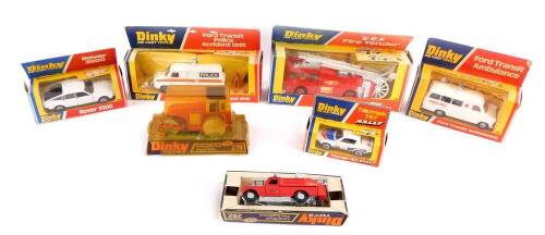 Dinky die cast vehicles, comprising a Ford Transit Police Accident Unit 269., ERF Fire Tender 266., Ford Transit Ambulance 276., Triumph TR7 Rally 207., Rover 3500 180., Aveling - Barford Diesel Roller 279., and a Landrover Fire Appliance 282, all boxed.