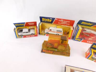 Dinky die cast vehicles, comprising a Ford Transit Police Accident Unit 269., ERF Fire Tender 266., Ford Transit Ambulance 276., Triumph TR7 Rally 207., Rover 3500 180., Aveling - Barford Diesel Roller 279., and a Landrover Fire Appliance 282, all boxed. - 2