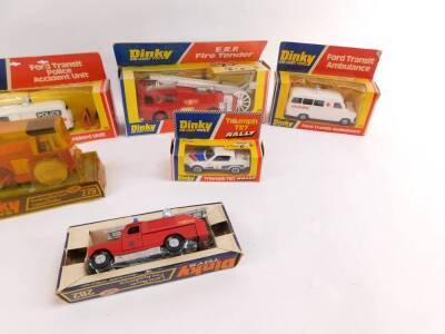 Dinky die cast vehicles, comprising a Ford Transit Police Accident Unit 269., ERF Fire Tender 266., Ford Transit Ambulance 276., Triumph TR7 Rally 207., Rover 3500 180., Aveling - Barford Diesel Roller 279., and a Landrover Fire Appliance 282, all boxed. - 3