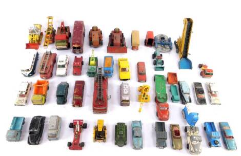 Dinky Corgi and other die cast vehicles, play worn, including a Merryweather Marquis Fire Tender., HDL Hovercraft., Blaw Knox Bulldozer., Horse Box., an Elevator Loader., and a JCB 110B. (a quantity)