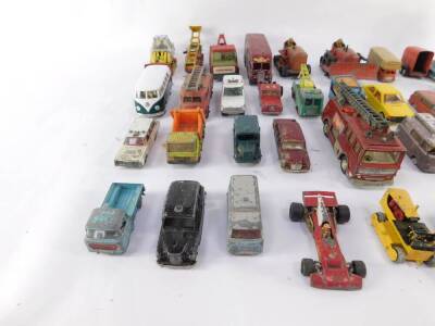 Dinky Corgi and other die cast vehicles, play worn, including a Merryweather Marquis Fire Tender., HDL Hovercraft., Blaw Knox Bulldozer., Horse Box., an Elevator Loader., and a JCB 110B. (a quantity) - 2