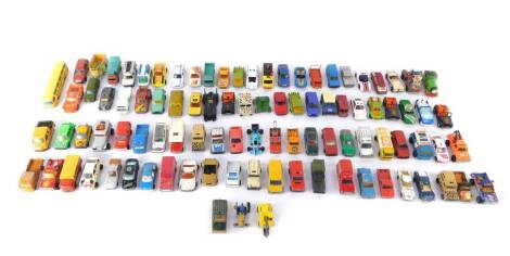 Lesney Matchbox Ertl and other die cast vehicles, play worn, including Batmobile., Mickey Mouse in a fire engine., racing and rally cars, trucks, cranes and lorries. (a quantity)