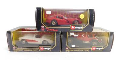 Three Burago die cast cars, 1:24 scale, comprising Dodge Viper GTS Coupe (1997)., Chevrolet Corvette (1957)., and a Mercedes Benz SSK1928, all boxed.