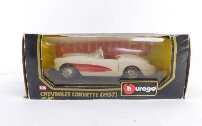 Three Burago die cast cars, 1:24 scale, comprising Dodge Viper GTS Coupe (1997)., Chevrolet Corvette (1957)., and a Mercedes Benz SSK1928, all boxed. - 2