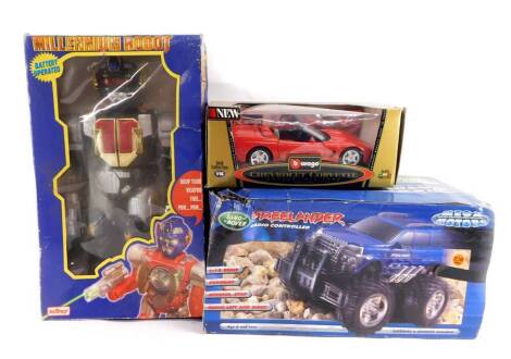 A Telitoy battery operated Millennium Robot, together with a Mega Motors radio controlled Landrover Freelander., and a Burago die cast model of a Chevrolet Corvette, Convertible 1998, scale 1/18, COD3386, all boxed. (3)