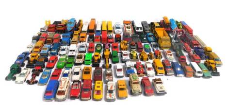 Corgi Saku Majorette and other die cast vehicles, play worn, including school buses, boat transporter and motor cruiser, racing cars, diggers, sports and racing cars. (a quantity)