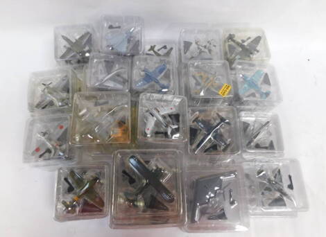 Chinese die cast models of 20th Fighter Aircraft, WWI, WWII and later, with stands, in blister packs. (a quantity)