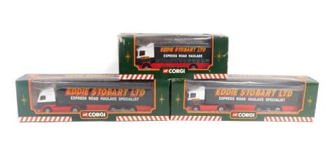 Corgi Eddie Stobart vehicles, comprising a Scania short wheel base lorry 59508., Scania curtainside trailer 59503., and a Volvo curtainside trailer 59504, all boxed. (3)