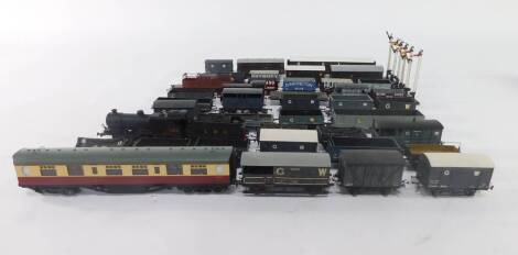 A Hornby OO gauge locomotive, LMS black livery, 4-4-0, 592, further engine, wagons, signals and a Bachmann Thompson composite BR crimson and cream coach, 34-404. (a quantity)